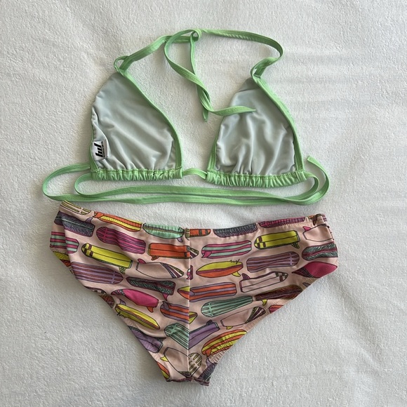 Vintage VS Zipper Bikini Bottom Surf Board Print Breakwater Top Swimsuit M & L - Picture 5 of 16